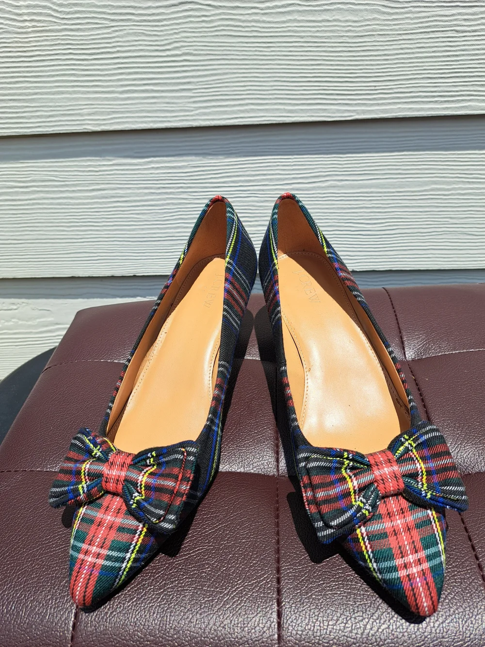 J. CREW Plaid Bow Pointed-Toe Kitten Heel Pumps - Multicolor